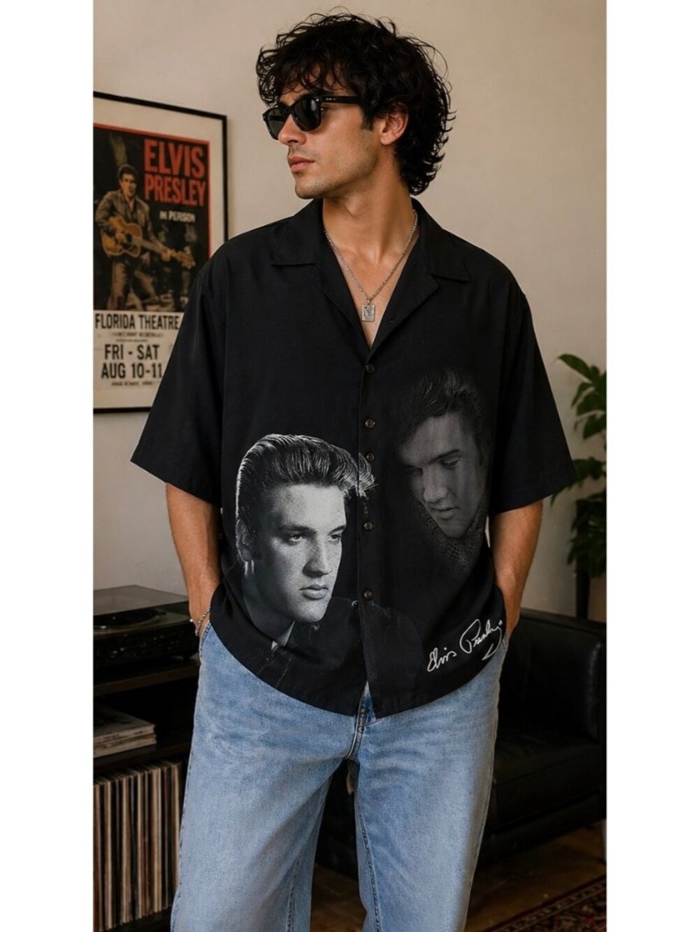 Elvis Presley Shirt XL Black Graphic Button Up Rock Retro Fan